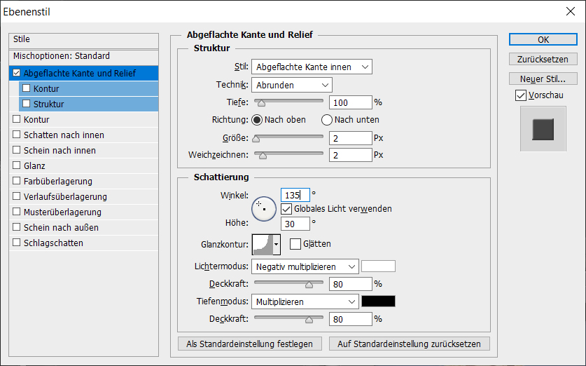 Abgeflachte Kante und Relief