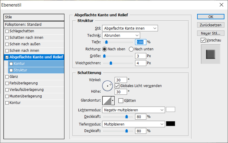 Abgeflachte Kante und Relief