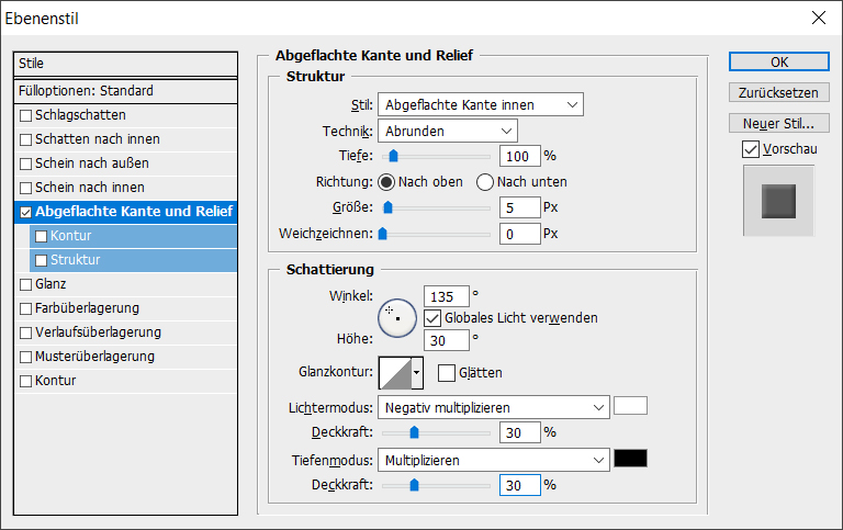 Abgeflachte Kante und Relief