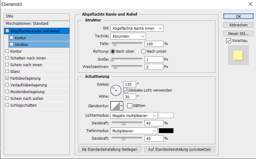 Abgeflachte Kante und Relief