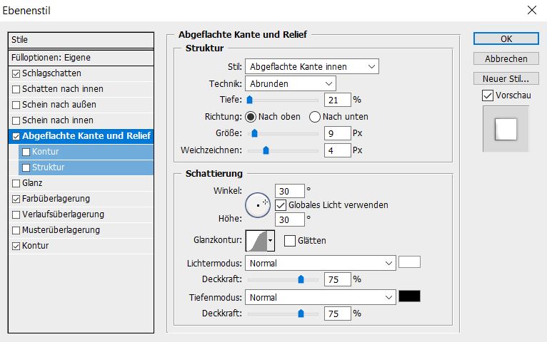 Abgeflachte Kante und Relief